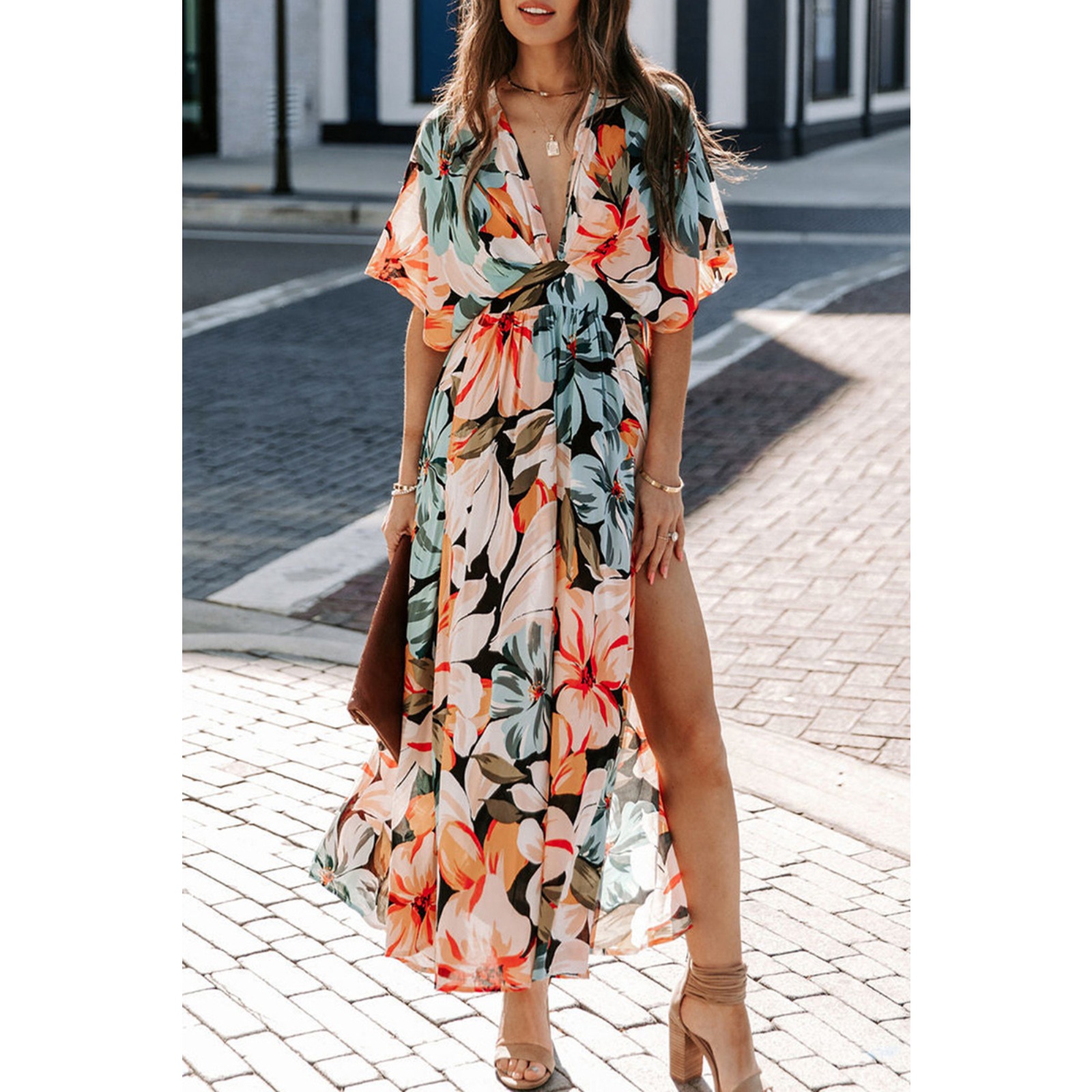 2025 Summer Women's High Waist V-Neck Floral Print Side Slit Casual Dress Sexy Short Sleeve Vacation Beach Sundress