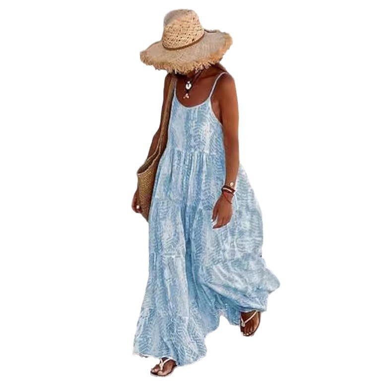 Women's Summer Boho Scoop Neck Spaghetti Strap Dress Casual Ruffle Patchwork Layered Hem Flowy Maxi Sundress Comfy Floral Long Dress for Beach Vacation