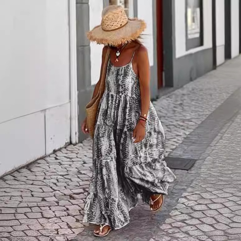亚马逊2024年春夏新款外贸欧美波西米亚女装吊带连衣裙拼接扎染裙