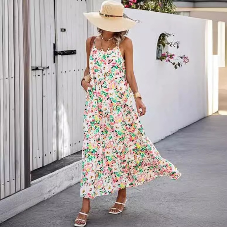 Women's Summer Boho Scoop Neck Spaghetti Strap Dress Casual Ruffle Patchwork Layered Hem Flowy Maxi Sundress Comfy Floral Long Dress for Beach Vacation