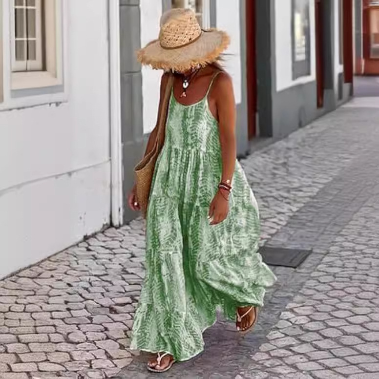 Women's Summer Boho Scoop Neck Spaghetti Strap Dress Casual Ruffle Patchwork Layered Hem Flowy Maxi Sundress Comfy Floral Long Dress for Beach Vacation
