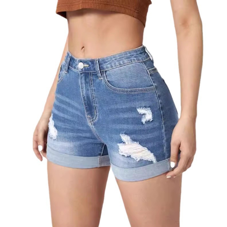 Women's Summer High Rise Ripped Denim Shorts, Comfort Stretchy Roll Up Hem Distressed Jean Shorts with Pockets A-line Vintage Hot Denim Shorts for Casual Daily Wear