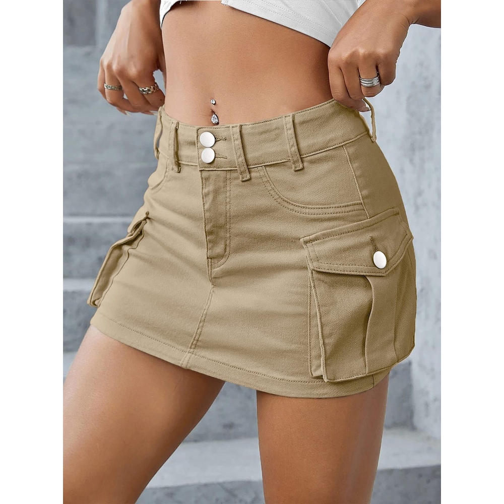 Women's Low Rise Contour Fit Skirt, Stretch Denim Mini Length A-line Skirt with Expanded Pockets, Button Front Urban Utility Style Skirt, Casual Solid Layering Essential 