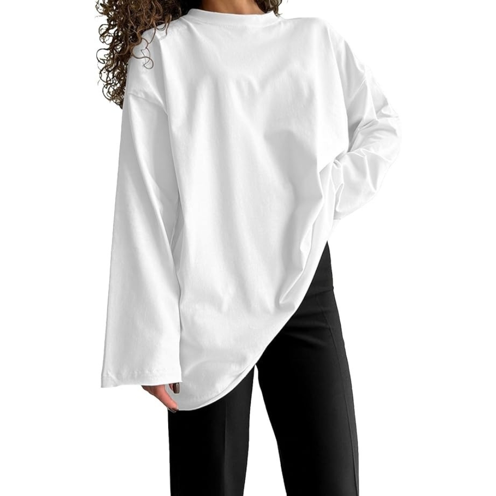 Women's Spring Trendy Crewneck Long Sleeve T-Shirt Oversized Loose Fit Distressed Basic Tee Y2K Casual Street Plus Size Boyfriend Comfy Pullover Tops Daily Layering Vacation Resort Outfits 