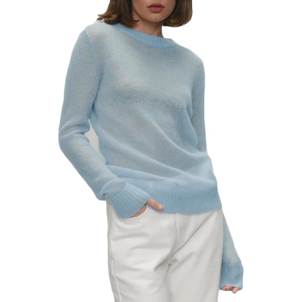 Women's Spring Delicate Semi-Sheer Knit Top Lightweight Crewneck Candy Tones Sweater Solid Color Casual Loose Slim Fit Pullover Top Summer Fashion Clothing for Picnic Outings & Art Gallery Visits