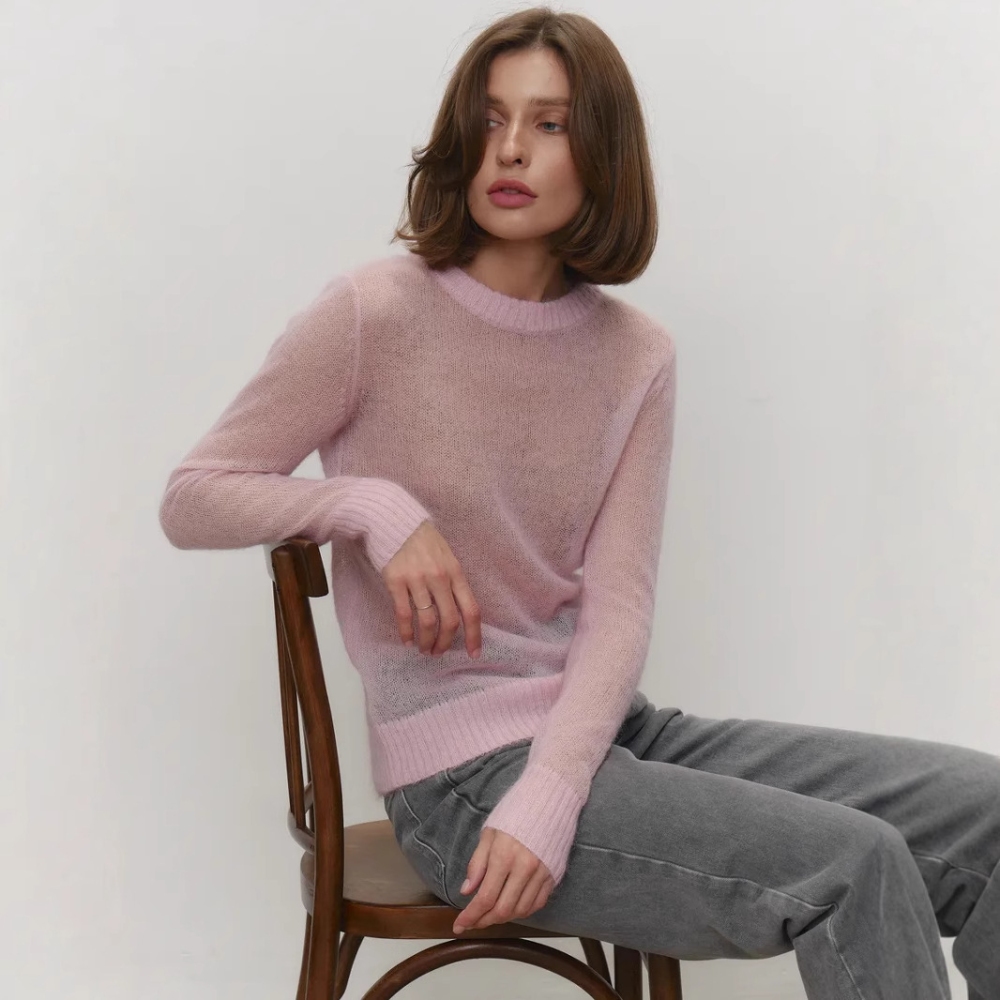 Women's Spring Delicate Semi-Sheer Knit Top Lightweight Crewneck Candy Tones Sweater Solid Color Casual Loose Slim Fit Pullover Top Summer Fashion Clothing for Picnic Outings & Art Gallery Visits
