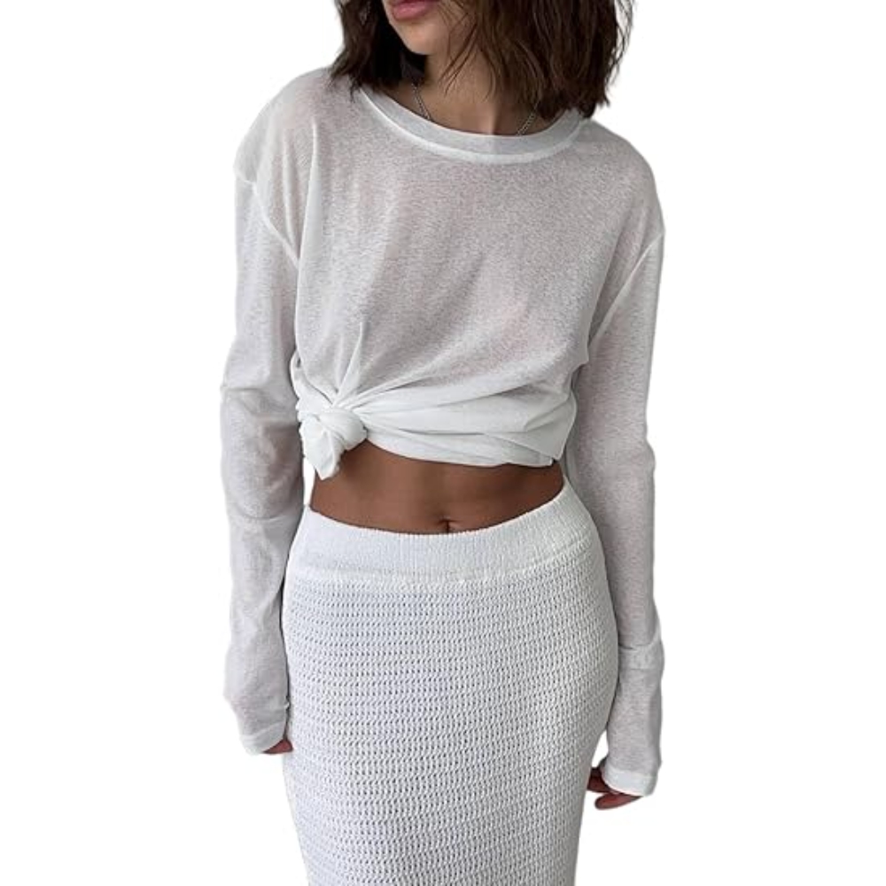  Women's Oversized Mesh Knit Top, Sheer Long Sleeve Crewneck with Relaxed Fit, Lightweight Summer Layer for Evening Strolls & Garden Parties, Y2K Trendy Solid Color Shirt Tops