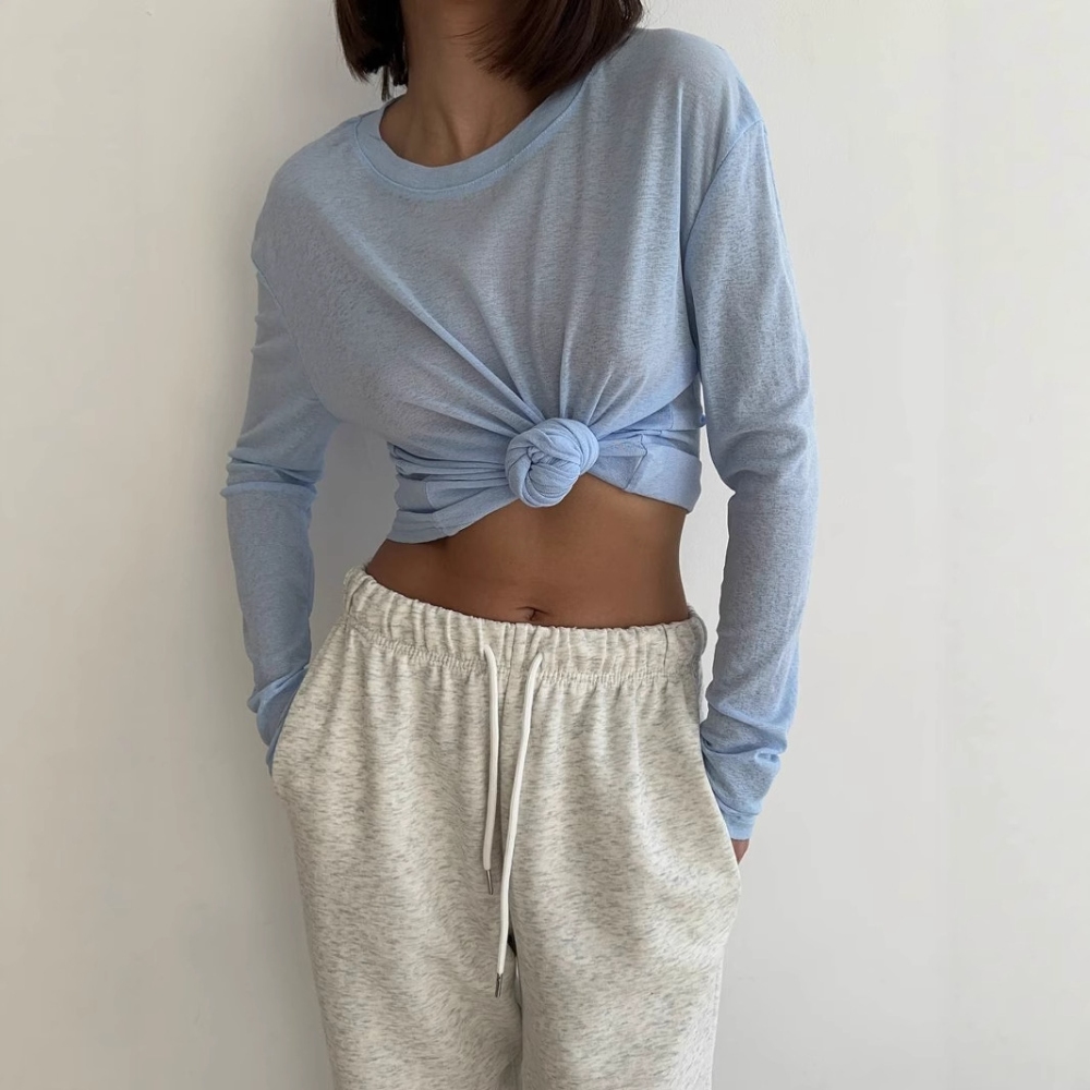  Women's Oversized Mesh Knit Top, Sheer Long Sleeve Crewneck with Relaxed Fit, Lightweight Summer Layer for Evening Strolls & Garden Parties, Y2K Trendy Solid Color Shirt Tops