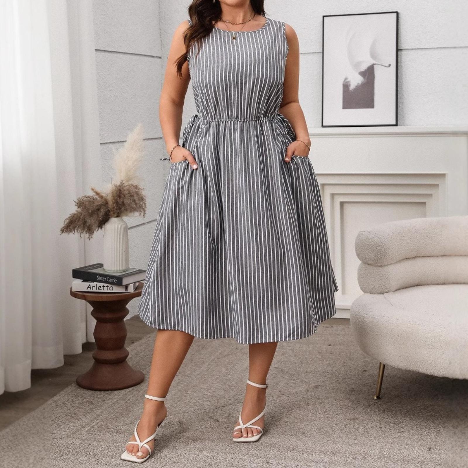 2025 Women's Color Block Stripe Sleeveless Maxi Dress with Pockets A-Line Casual Sundress Plus Size Comfortable Polyester Dress for Home Office Vacation