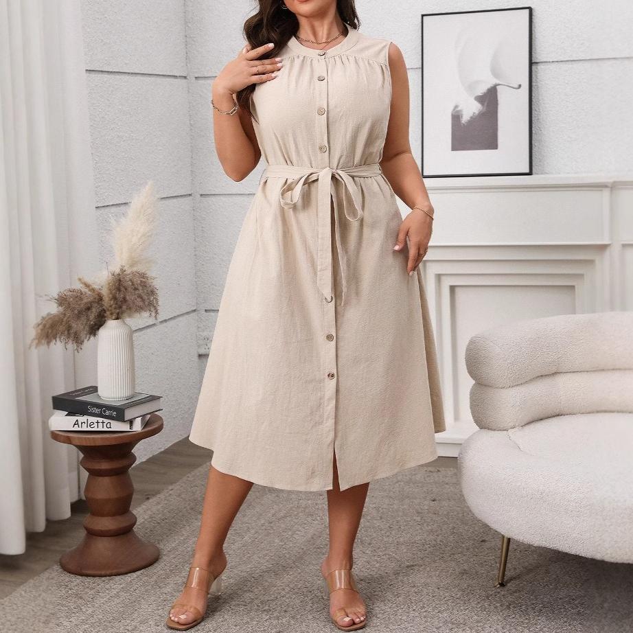 2025春夏气质修身钮扣式无袖连衣裙