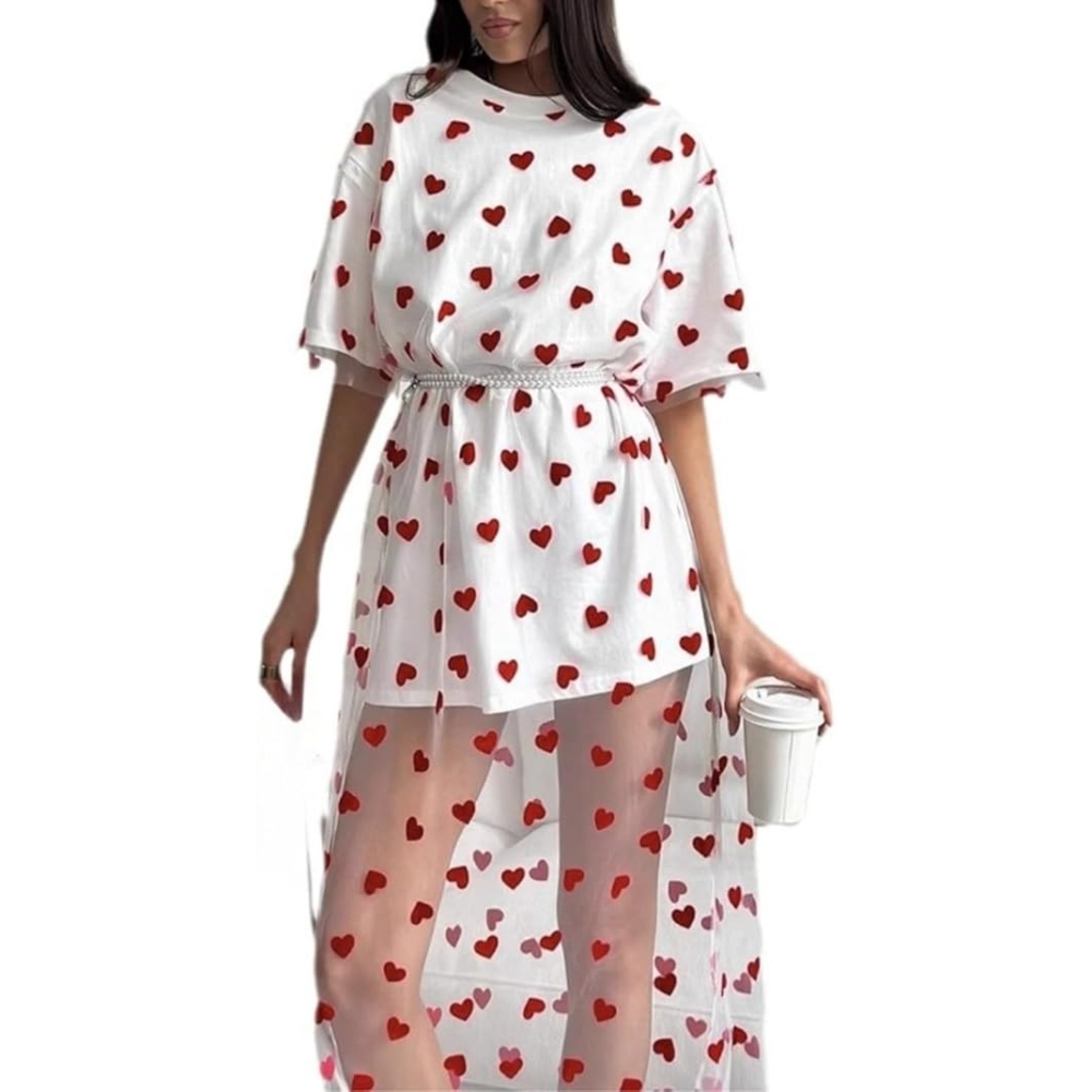 Women's Summer Cute Heart Print Tulle Overlay T-Shirt Dress Cutout Mesh Dress, Round Neck Short Sleeve Sheer Dress with Relaxed Fit, Tunic Length for Summer, Pearl Belt for Urban Adventures 