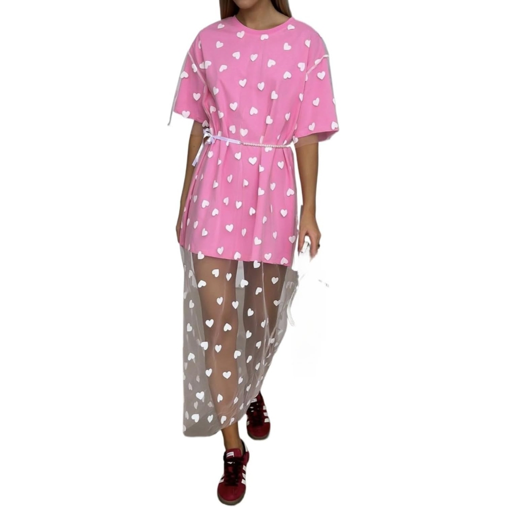 2025新款跨境欧美风性感女装长款爱心网纱拼接宽松短袖T恤连衣裙