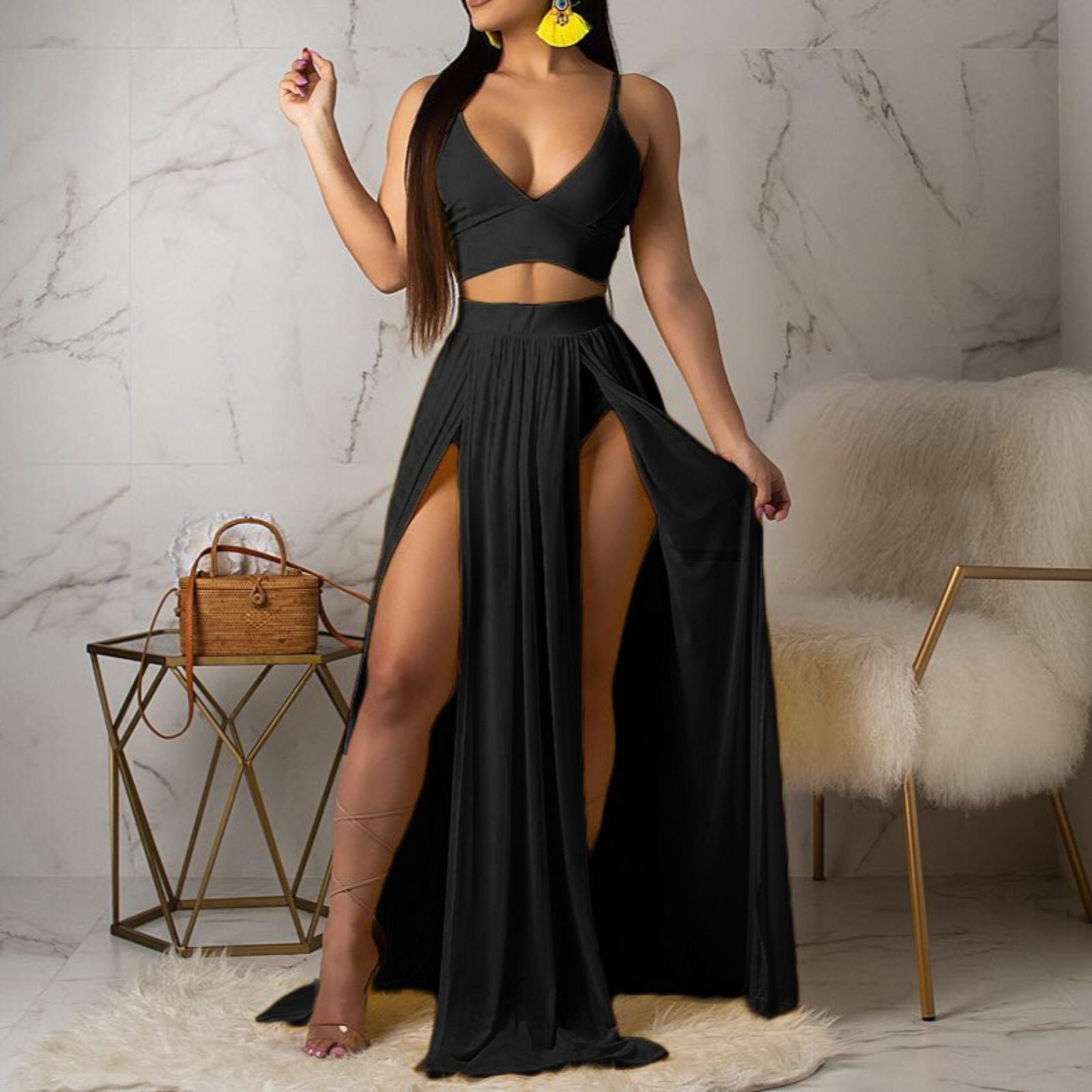 夏季纯色吊带上衣开叉雪纺长裙套装