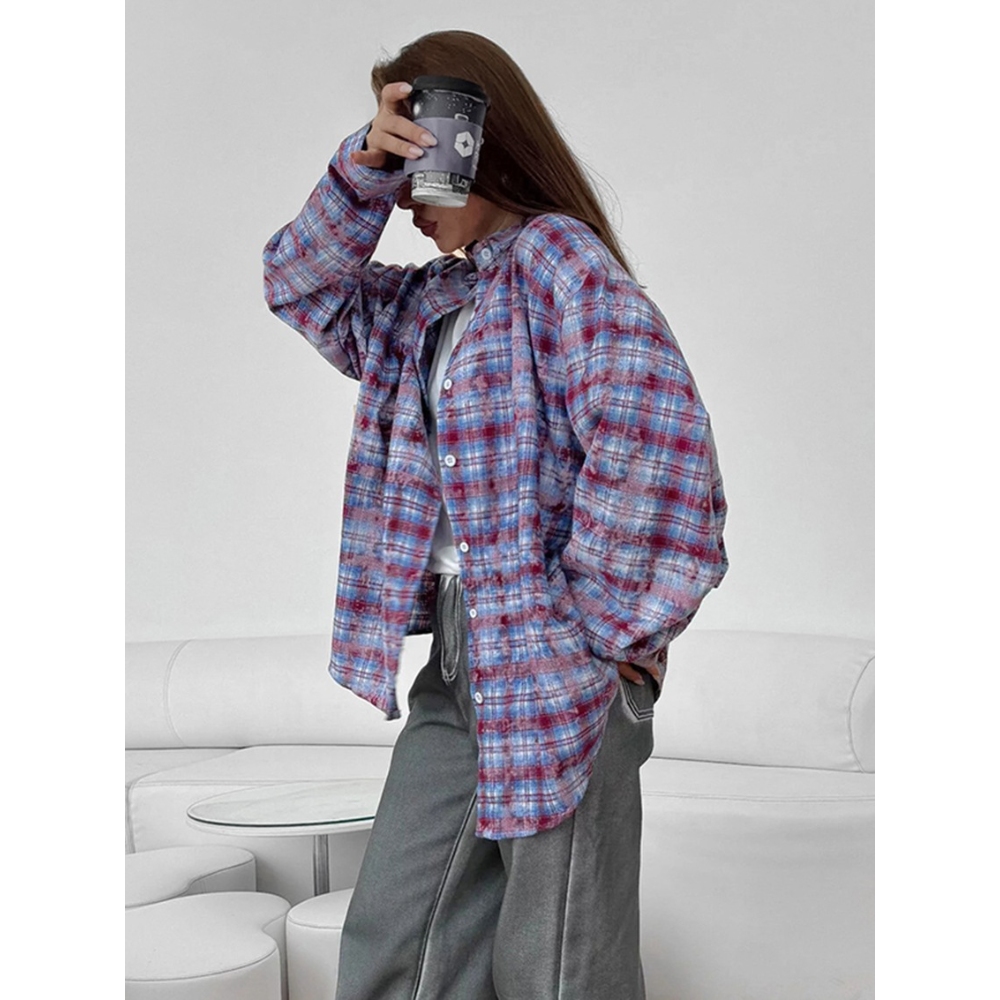 2024新款欧美复古格纹长袖衬衫设计感小众春季宽松休闲衬衣外套女