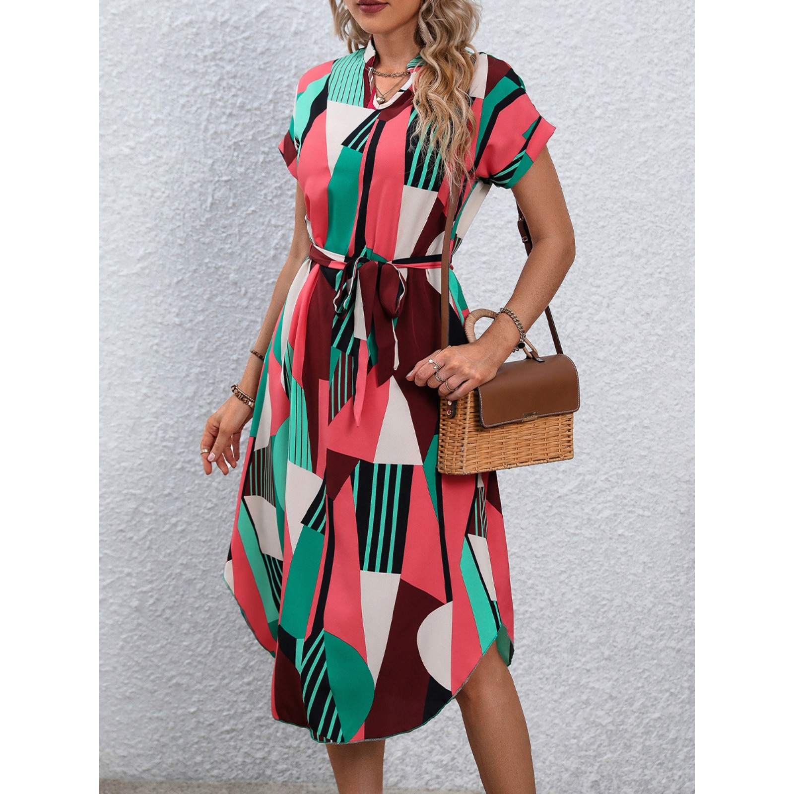 2025春夏欧美度假风色块连衣裙系腰带短袖中裙