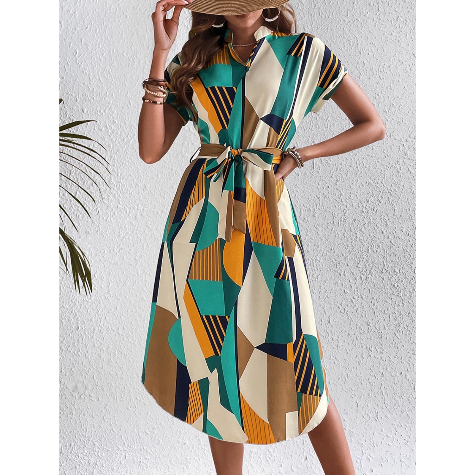 2025春夏欧美度假风色块连衣裙系腰带短袖中裙