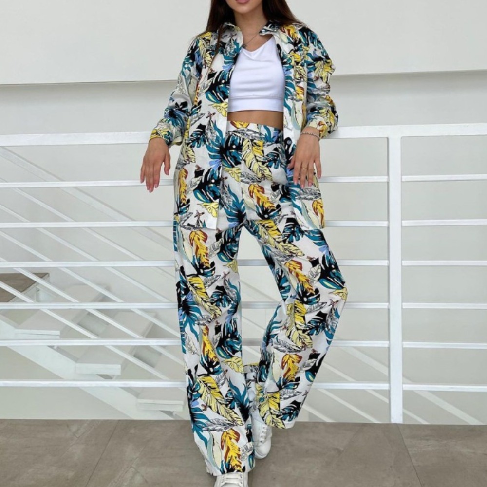 New Fashion Printed Plus Size Loose Top & High Waist Wide Leg Pants Women's Casual Set