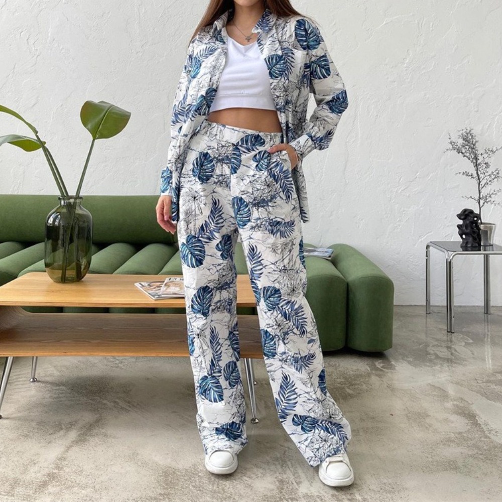 New Fashion Printed Plus Size Loose Top & High Waist Wide Leg Pants Women's Casual Set