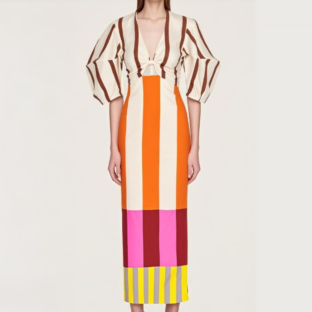 Summer New Women's Elegant Breathable Comfortable Half-Sleeve Color Block Print Split Long Dress