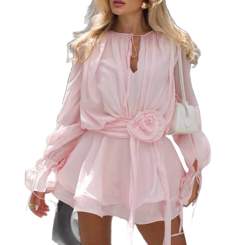 Women's Summer New Sweet V Neck Waist Cinched Ruffled Hem Long Sleeve Mini Dress