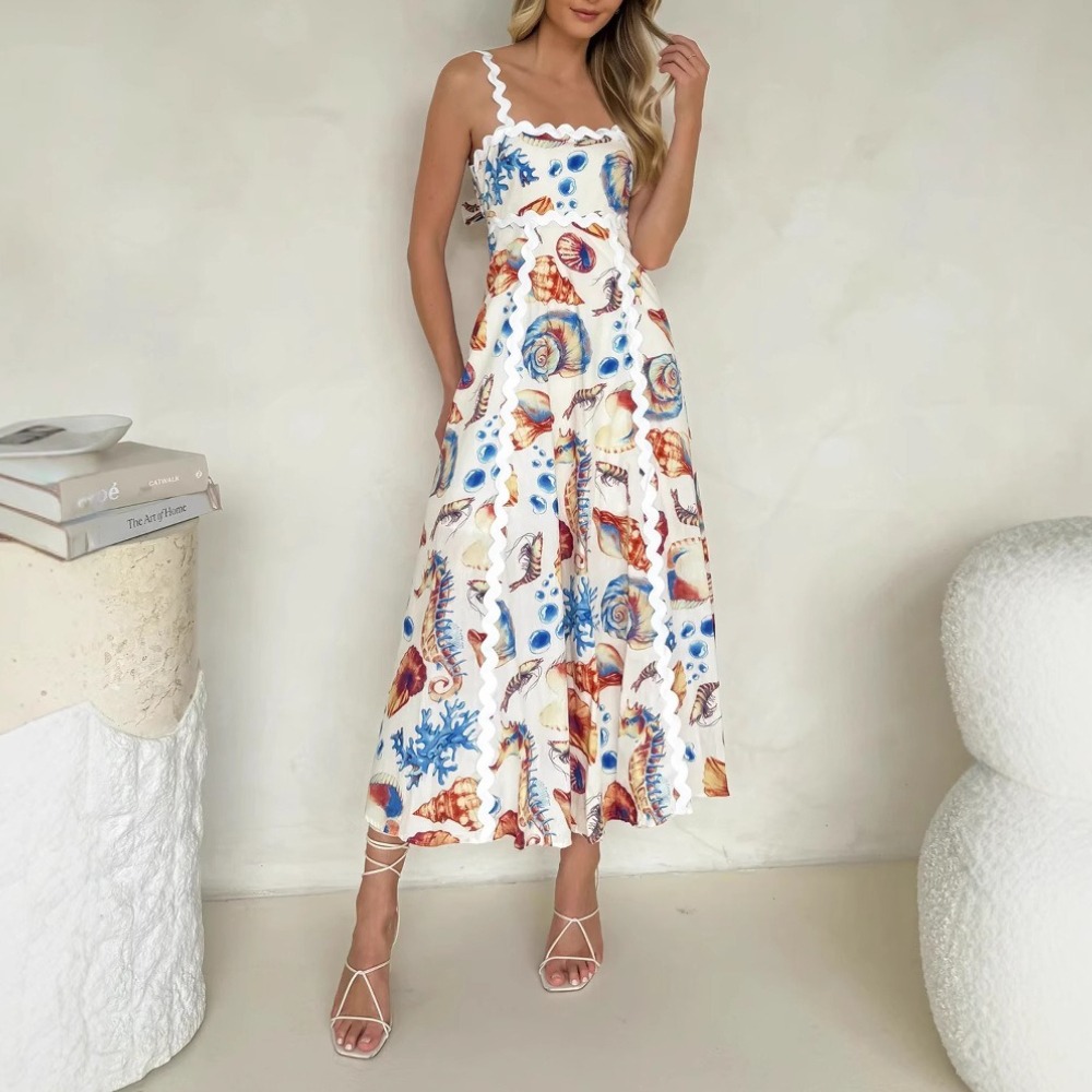 夏季新款印花吊带透气柔软舒适拼接连衣裙休闲宽松度假长裙