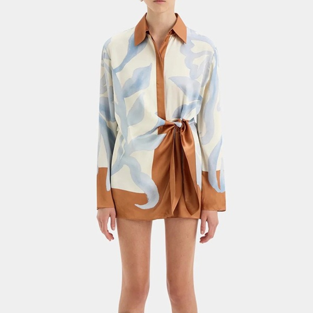 Women's Summer New Color Block Soft Comfortable Breathable Casual Irregular Knotted Fashion Long Sleeve Shirt Dress