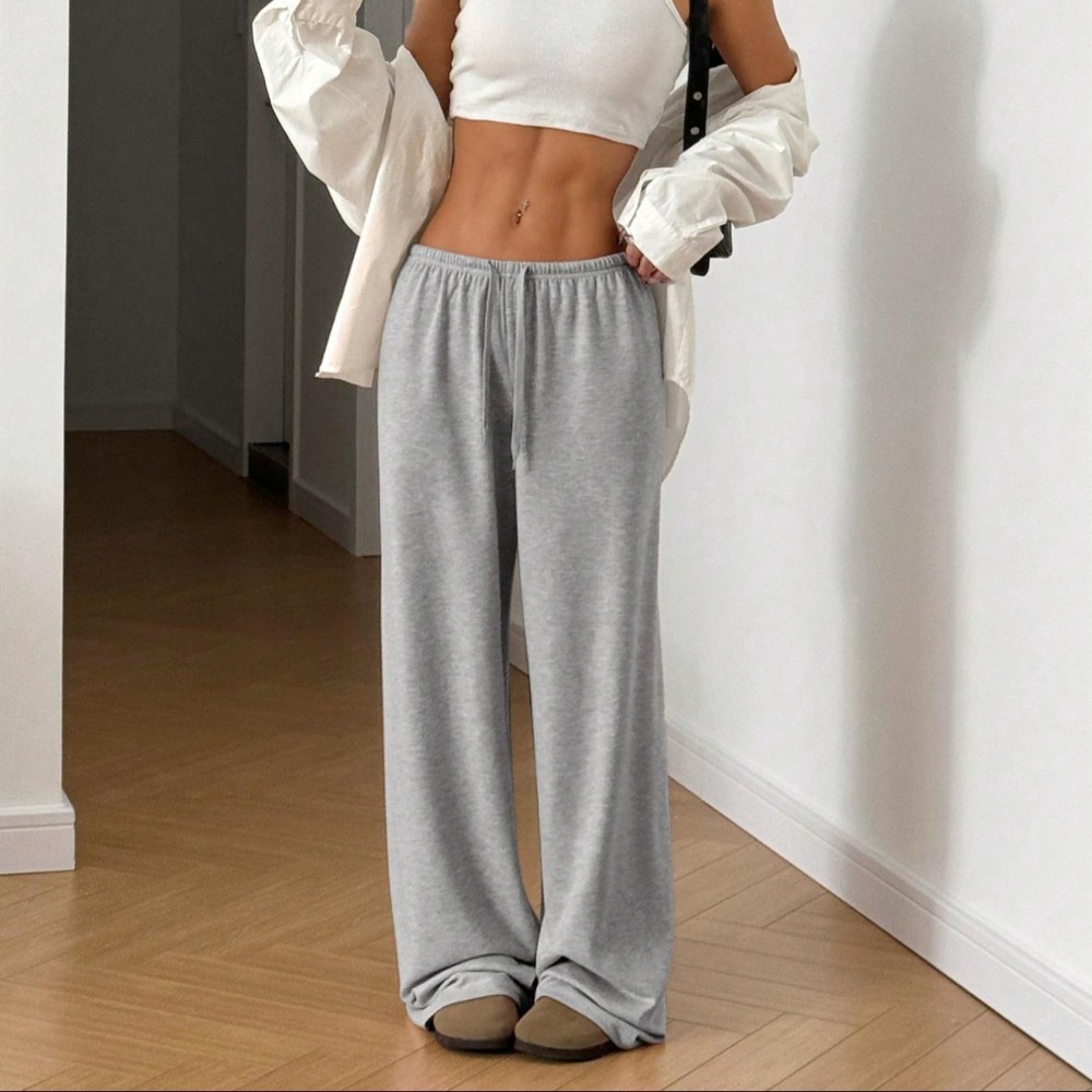 女士轻薄透气柔软舒适纯色抽绳腰柔软针织直筒宽松休闲裤