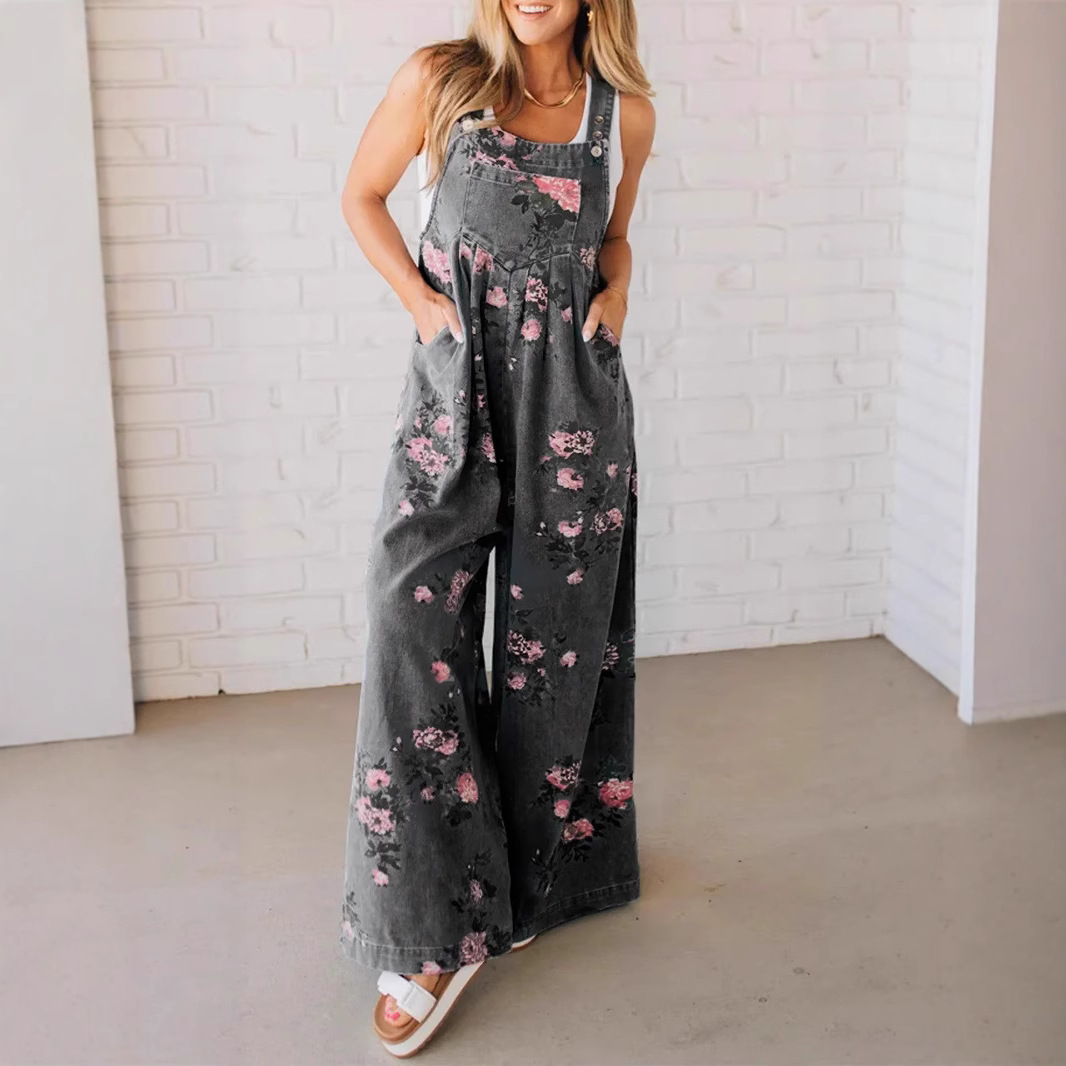 Summer New Breathable Fashionable Floral Print Casual Overall Jumpsuit