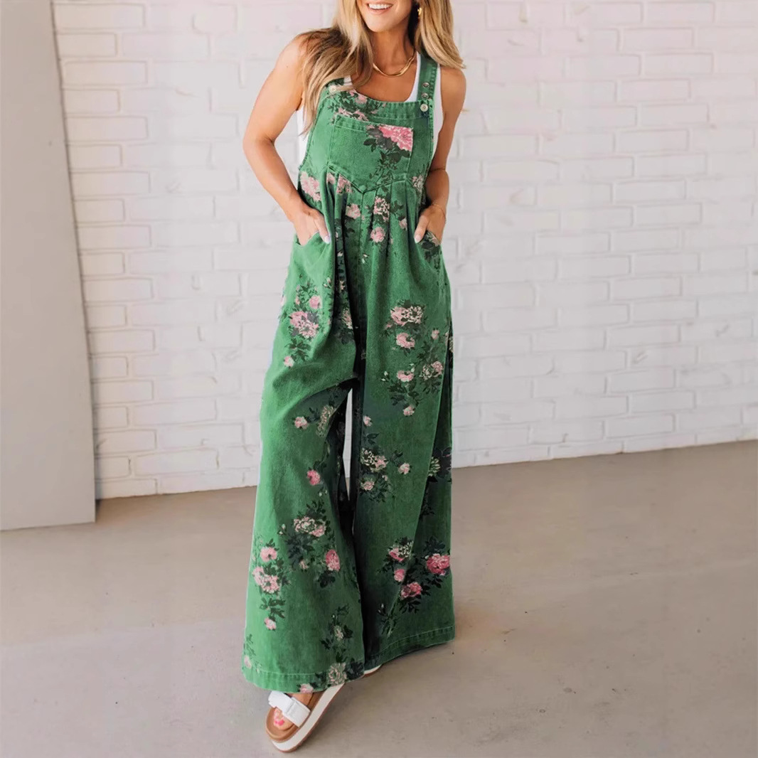 夏季新款透气时尚花卉印花休闲连体裤背带裤