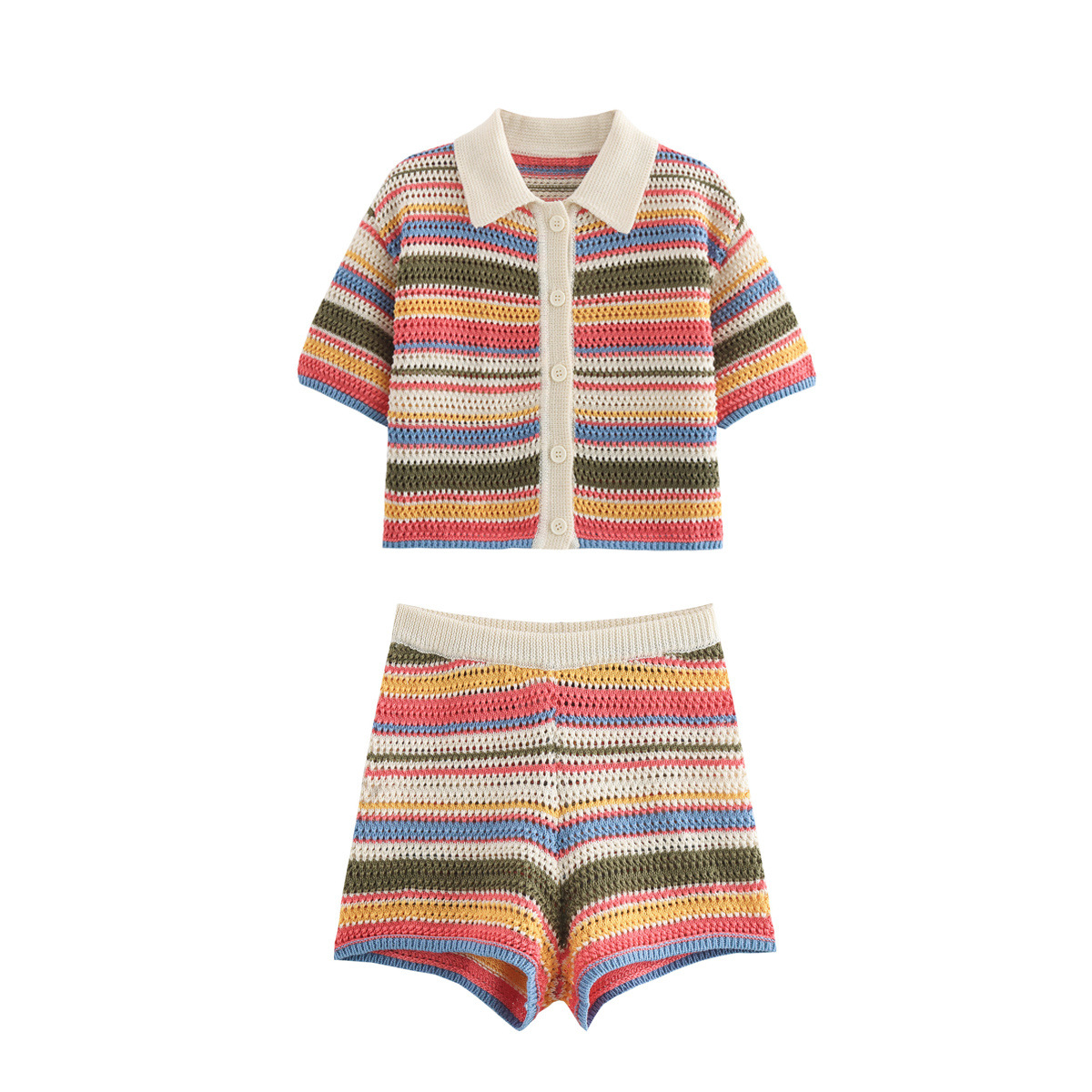 亚马逊欧美跨境2025春季新款钩编POLO衫领针织上衣短裤套装