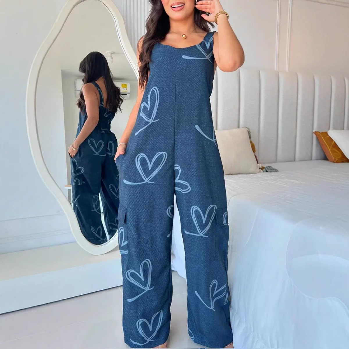 New Breathable Comfortable Casual Fashionable Printed Camisole Overall Loose Jumpsuit for Women
