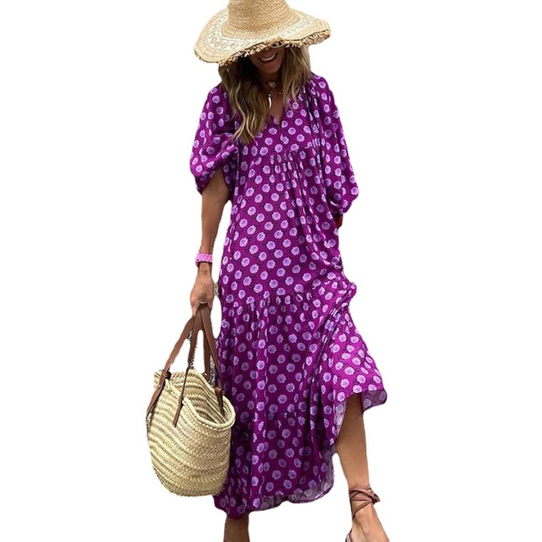 Women's Floral Print Boho Maxi Dress Geometric Puff Half Sleeve V Neck Tiered Flowy Long Dress Casual Loose Fit Bohemian Street Style Dress Beach Vacation Sundress Summer & Fall Trendy Clothing
