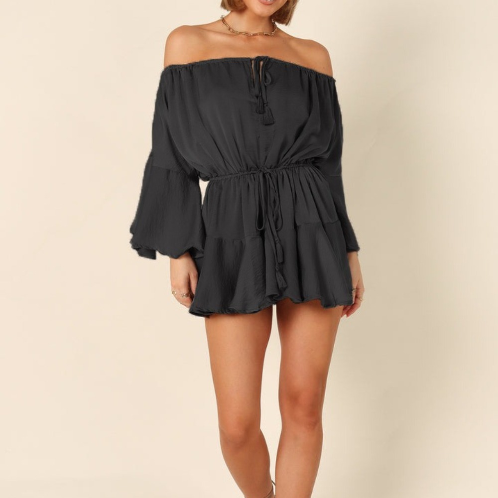 Adjustable One Shoulder Loose Jumpsuit High Waist Drawstring Solid Color Tie Flared Sleeve Women's Clothing