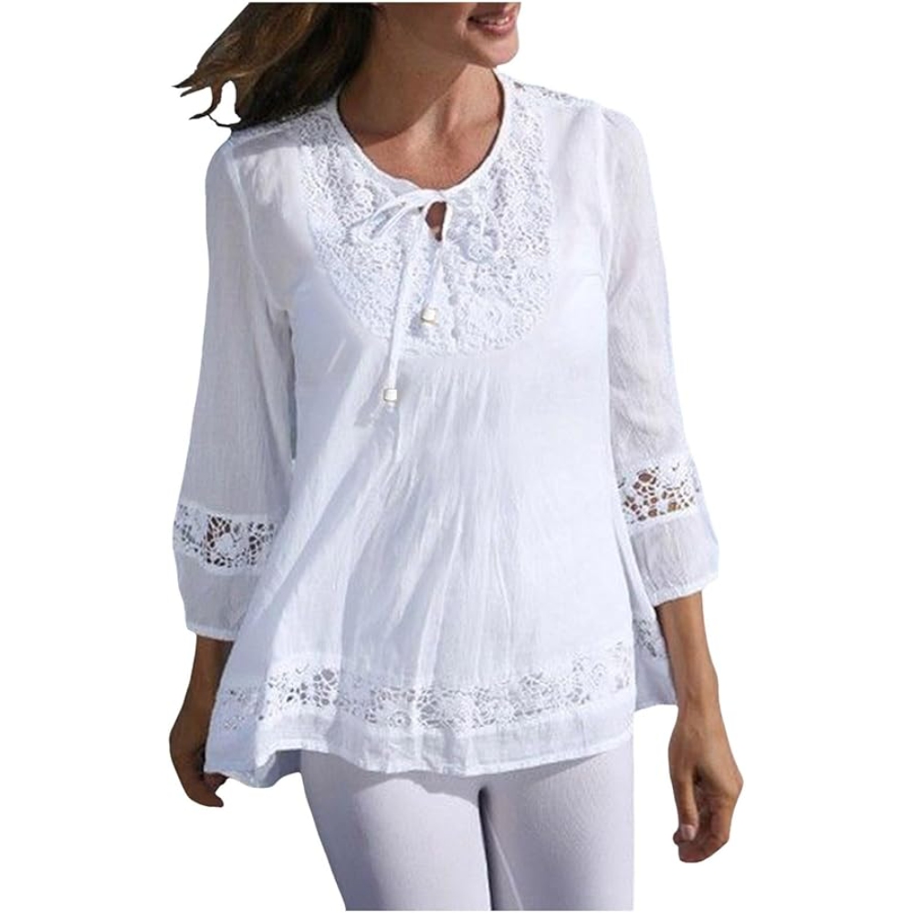 新款2022春秋亚马逊 棉麻拼接蕾丝气质欧美3/4袖宽松型 女上衣T恤