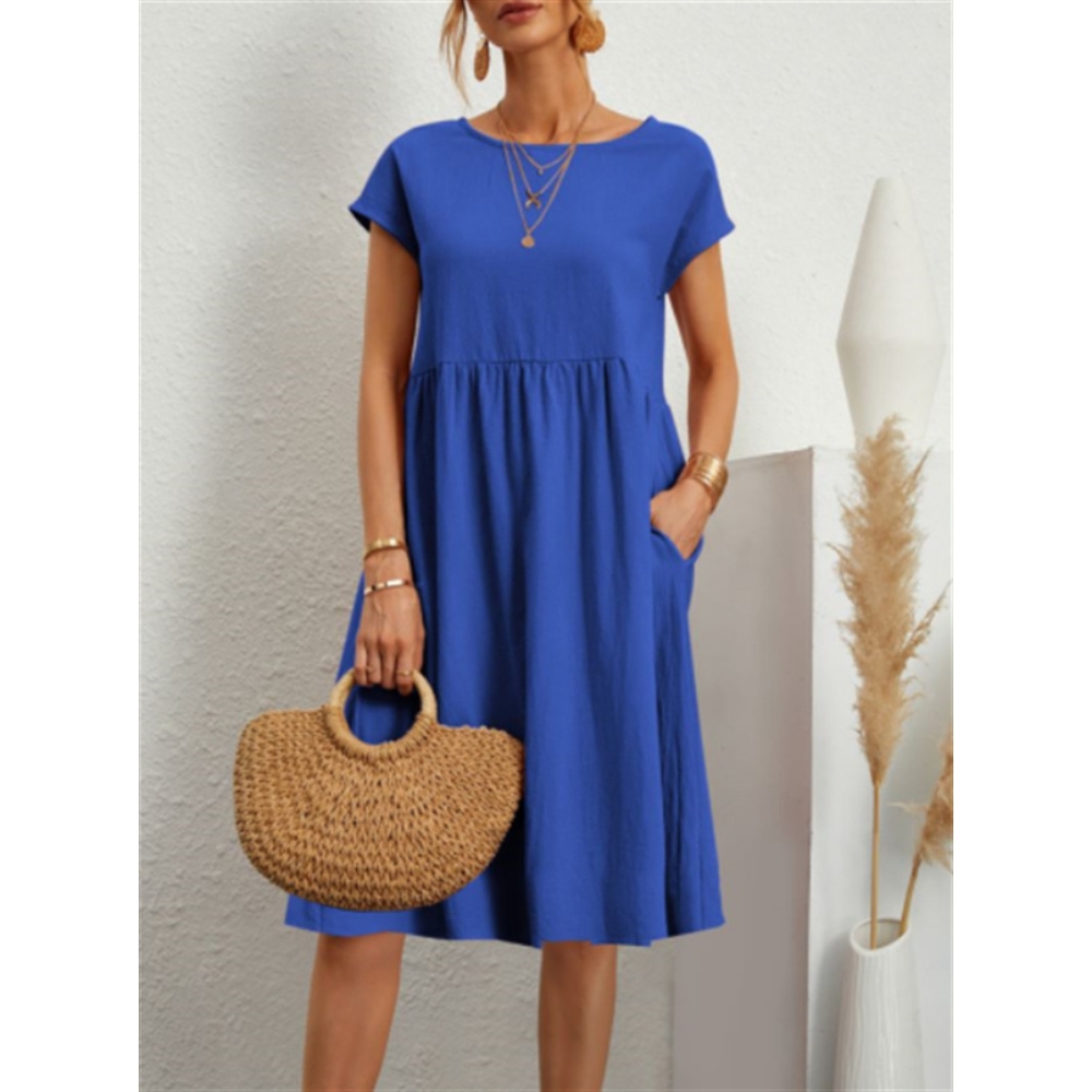  Women's Summer Casual Short Sleeve A-Line Dress Cotton Round Neck Knee-Length Breezy Loose Dress with Pockets Solid Color Elegant Pleated Dress for Daily Wear, Business Meeting & Garden Party