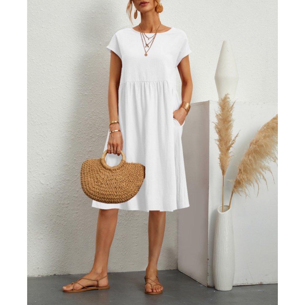  Women's Summer Casual Short Sleeve A-Line Dress Cotton Round Neck Knee-Length Breezy Loose Dress with Pockets Solid Color Elegant Pleated Dress for Daily Wear, Business Meeting & Garden Party