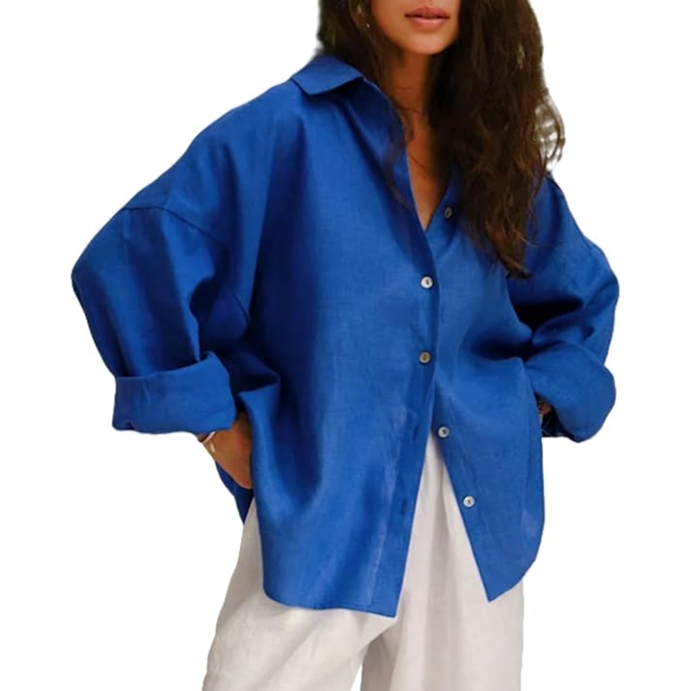 2025跨境欧美独立站春季新款女士翻领时尚纯色钮扣长袖休闲衬衫女