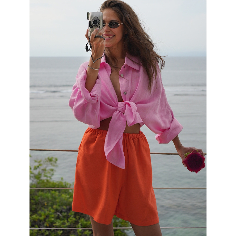 2025跨境欧美独立站春季新款女士翻领时尚纯色钮扣长袖休闲衬衫女