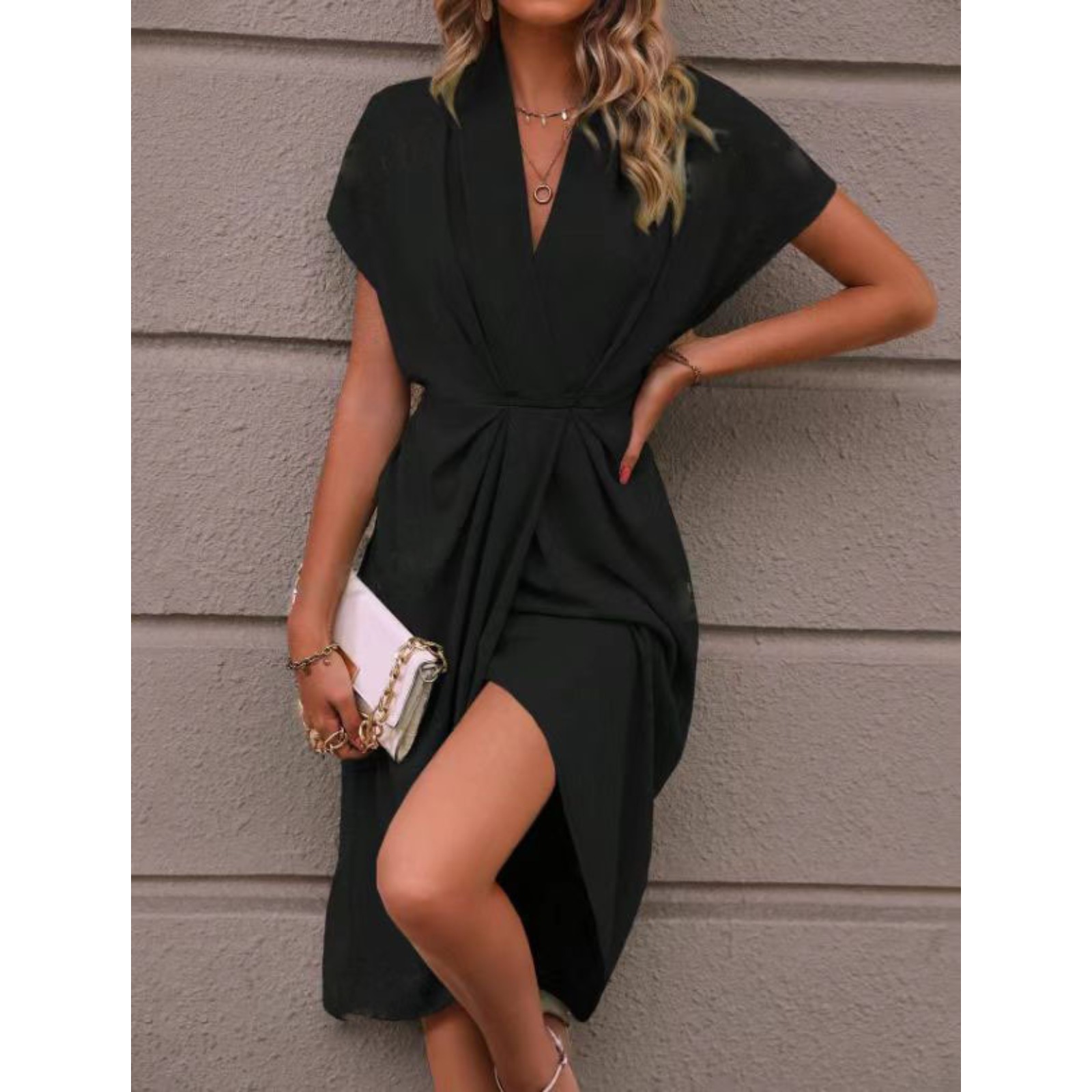 欧美夏春时尚女纯色装连衣裙女V领打揽收腰连衣裙，