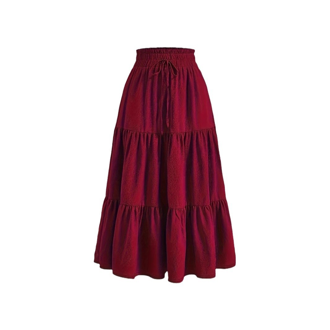 跨境欧美时尚2024新款显瘦透气有垂感百搭好看打结腰褶皱半身裙