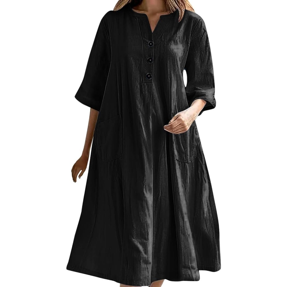 欧美跨境女装连衣裙女士中长款V领半袖棉麻宽松版三粒扣口袋连衣