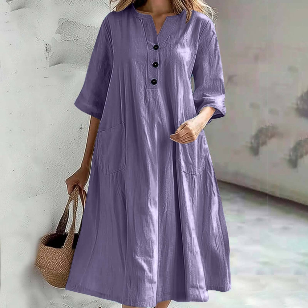 Women's Summer Linen Cotton V Neck Dress Casual  Button Half Sleeve Swing Loose Midi Dresses Cottagecore Solid Color Breathable Flowy A Line Dress with Pockets  