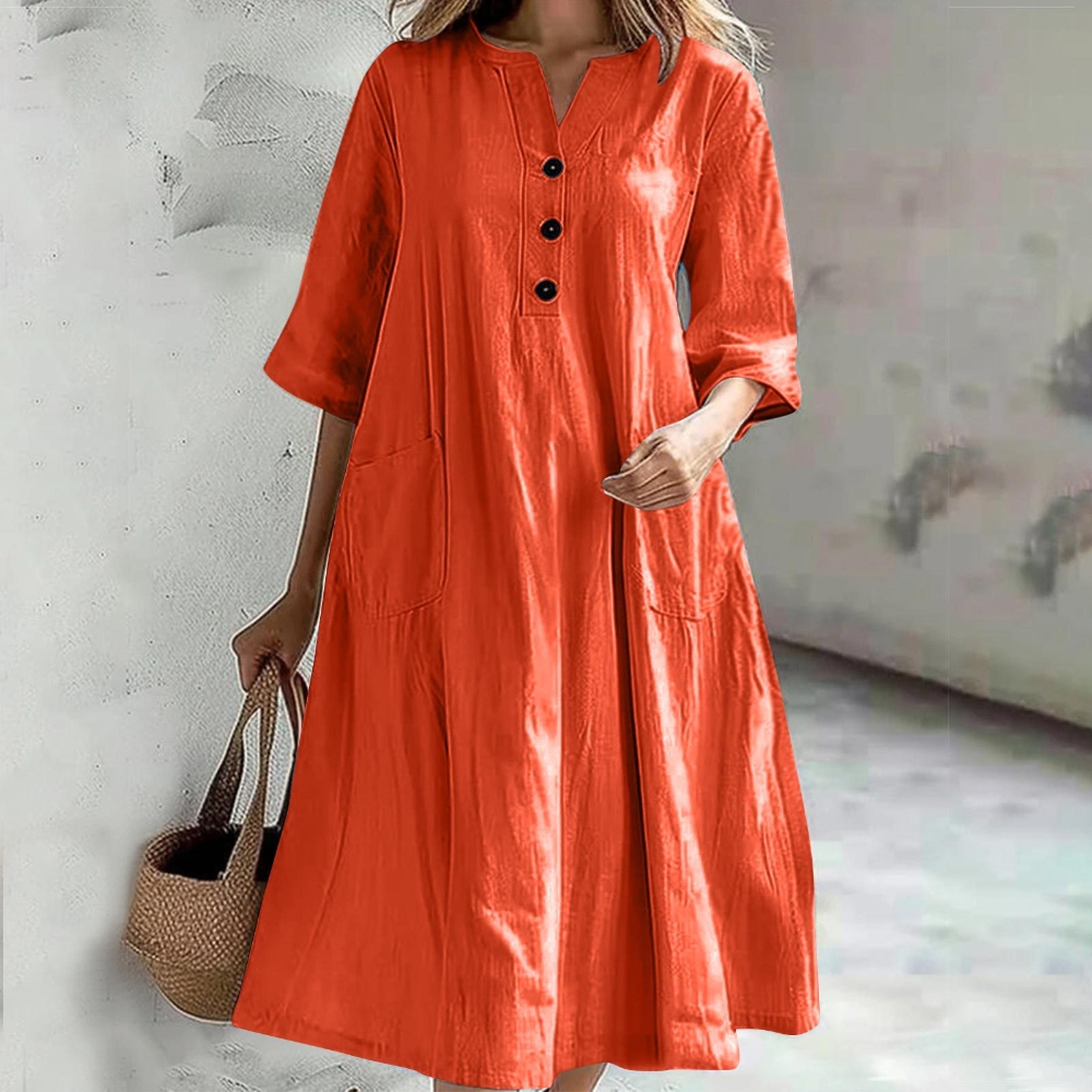 Women's Summer Linen Cotton V Neck Dress Casual  Button Half Sleeve Swing Loose Midi Dresses Cottagecore Solid Color Breathable Flowy A Line Dress with Pockets  