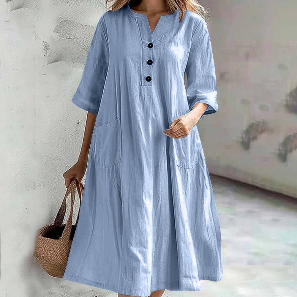 Women's Summer Linen Cotton V Neck Dress Casual  Button Half Sleeve Swing Loose Midi Dresses Cottagecore Solid Color Breathable Flowy A Line Dress with Pockets  