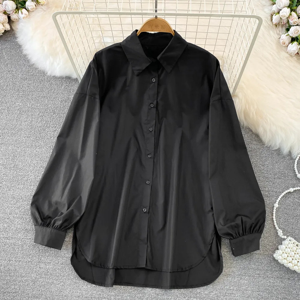 Women's Button Down Long Sleeve Dress Shirts Casual Loose Solid Color Wrinkle Free Work Office Blouses Trendy Oversized Collared Hight Low Hem Daily Tops