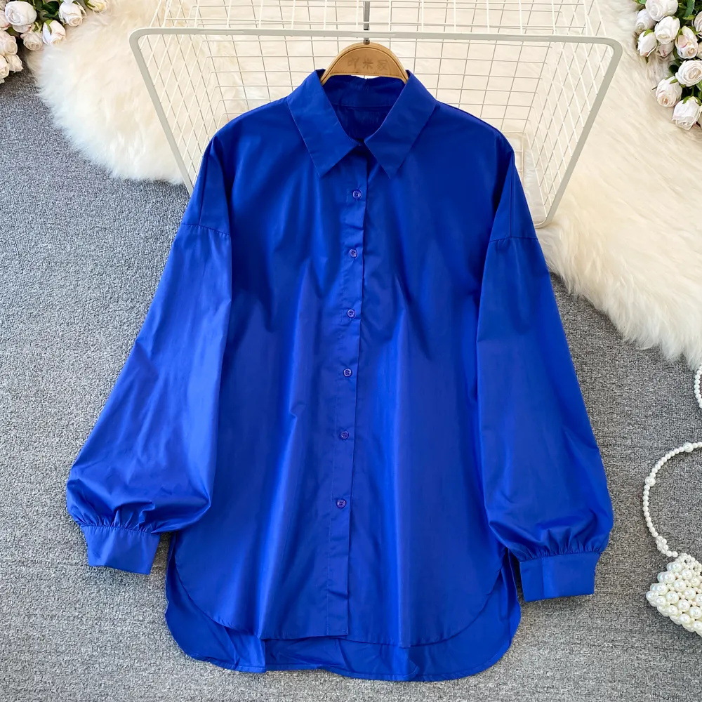 Women's Button Down Long Sleeve Dress Shirts Casual Loose Solid Color Wrinkle Free Work Office Blouses Trendy Oversized Collared Hight Low Hem Daily Tops