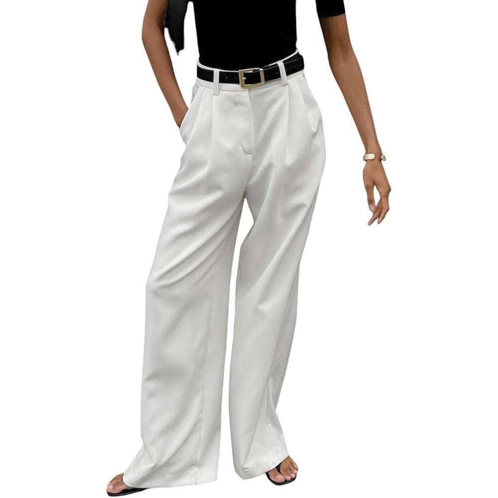 欧美新款白色高腰长裤跨境时尚百搭简约休闲裤西裤宽松秋季女装