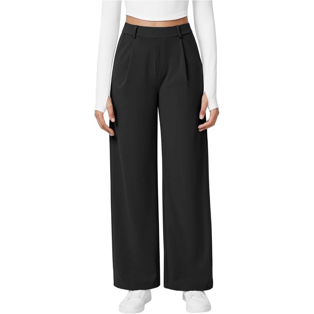 Women’s Wide Leg Dress Pants Elastic High Waisted Pull-On Work Pants Solid Color Loose Slim Elegant Trousers Stretchy Work Business Casual Palazzo Trousers with Pockets 