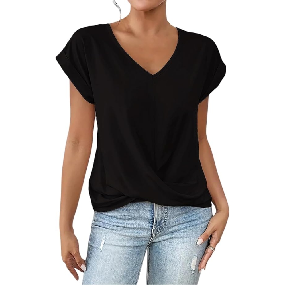 Women's Summer Solid Color V Neck Short Sleeve Tee Tops Y2K Minimalist Knot Twist Front Top Cottagecore Trendy Loose Fit Casual Blouse Draped Comfy Breathable T Shirts for Street Style & Date Night 