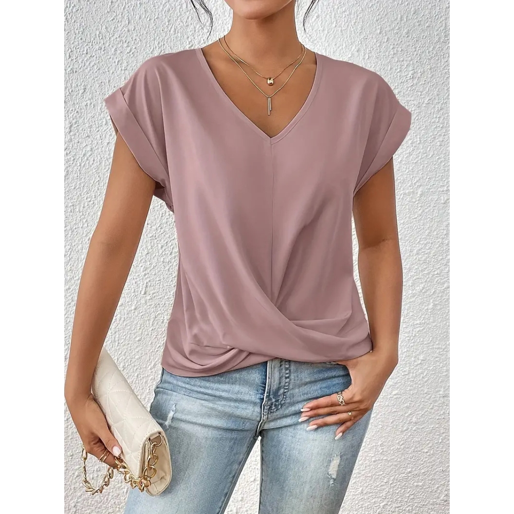 Women's Summer Solid Color V Neck Short Sleeve Tee Tops Y2K Minimalist Knot Twist Front Top Cottagecore Trendy Loose Fit Casual Blouse Draped Comfy Breathable T Shirts for Street Style & Date Night 